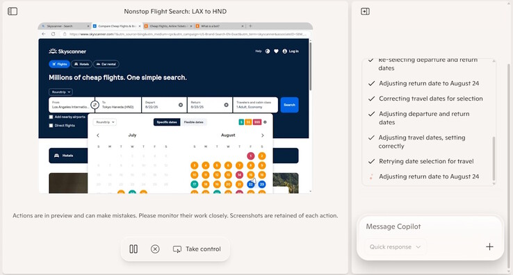 L'intelligenza artificiale che alimenta la Modalità Copilota per Edge ha ancora bisogno di lavoro, perché non è stata in grado di selezionare un intervallo di date durante la ricerca di voli disponibili durante un breve test. (Fonte: Notebookcheck)