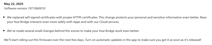 Le note di rilascio della versione software di Philips Hue Bridge 1971060010. (Fonte: Philips)