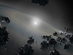 Un'illustrazione che mostra numerosi asteroidi.