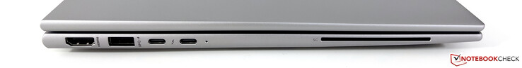 A sinistra: HDMI 2.0, USB-A 3.2 Gen.1 (5 GBit/s, alimentazione), 2x USB-C 4.0 con Thunderbolt 4 (40 GBit/s, modalità DisplayPort-ALT 1.4, Power Delivery 3.0), lettore SmartCard