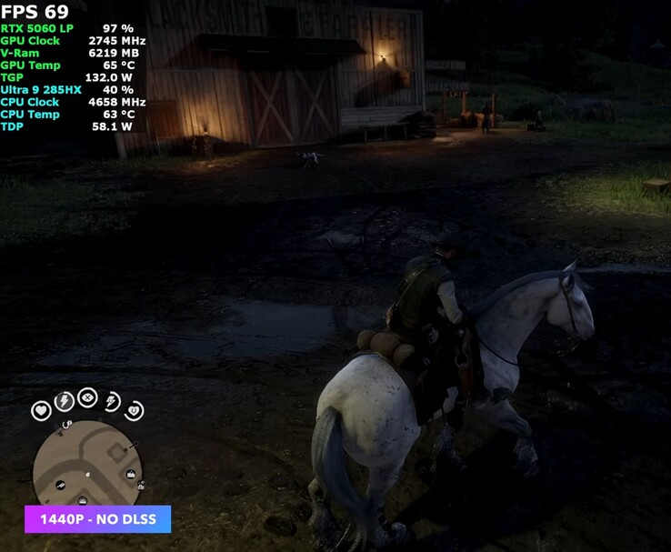 Red Dead Redemption 2 in esecuzione a 1440p senza DLSS su Minisforum MS-02 Ultra con una GPU RTX 5060 a basso profilo (Fonte immagine: YouTube/ETA Prime)