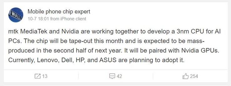 L'utente di Weibo sostiene che Nvidia e MediaTek si schianteranno presto contro la festa dei processori di classe desktop. (Fonte immagine: Mobile Chip Expert via Weibo)