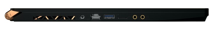 Lato sinistro: DC in, RJ45 LAN, USB Type-A 3.1 Gen 2, microSD, microfono, cuffie