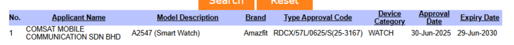 Uno screenshot del database SIRIM mostra uno smartwatch Amazfit con il numero di modello A2547. (Fonte: SIRIM)