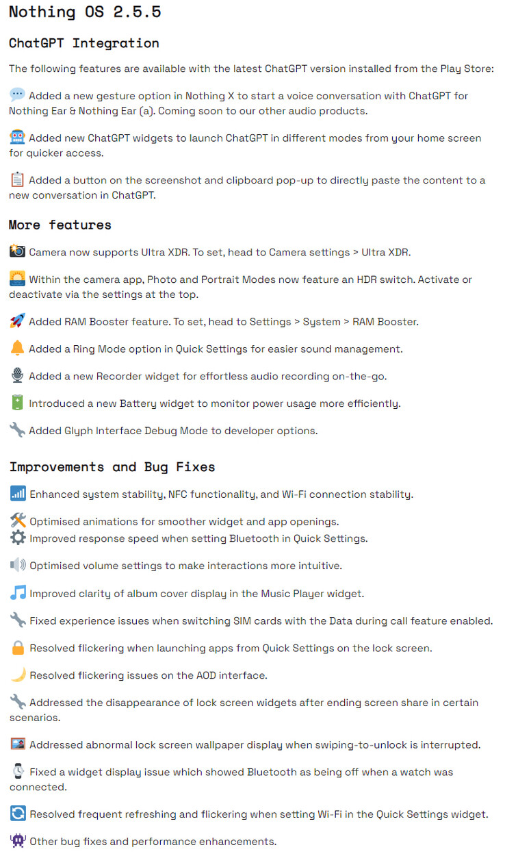 Il changelog completo di Nothing OS 2.5.5 per Phone 2 (Fonte immagine: Nothing)
