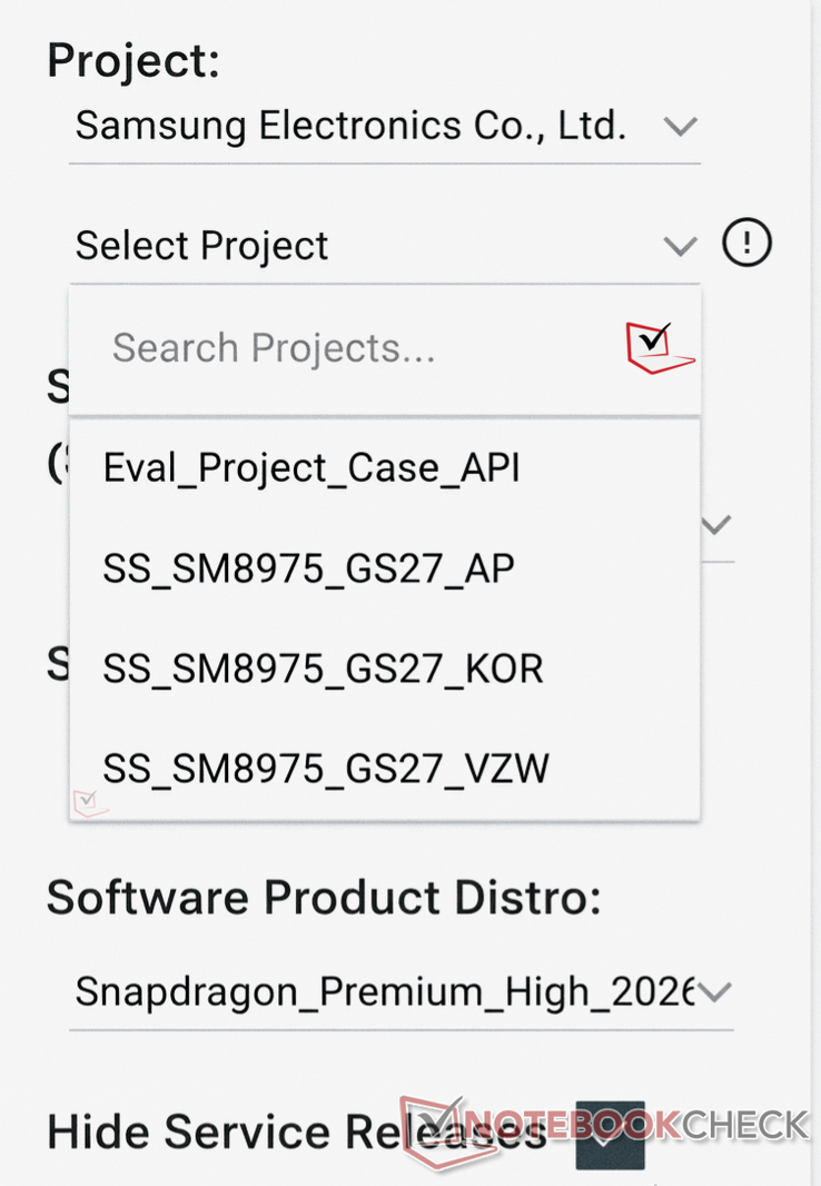 L'elenco dei progetti Samsung che mostra le regioni in cui l'SM8975 è attualmente in fase di test