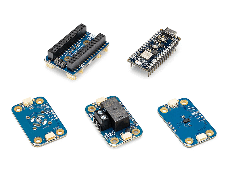 Arduino Matter Discovery Bundle con la scheda Nano Matter, il Connector Carrier e il sensore Modulino