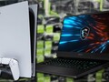 Una console (PS5) o un portatile (MSI GP66 Leopard) possono essere scelte più intelligenti delle schede grafiche desktop Ampere per i giocatori. (Fonte immagine: Sony/MSI/Greg Salazar - modificato)