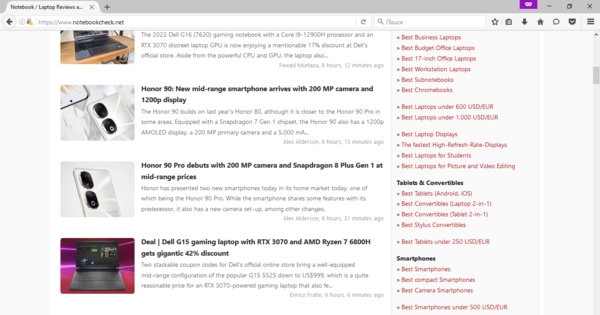 Navigazione su Notebookcheck.net tramite Firefox 48 su Windows 10 (Fonte immagine: Screen grab)