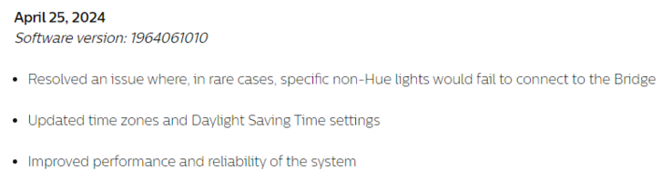 Le note di rilascio della versione software 1964061010 per il bridge Philips Hue. (Fonte: Philips Hue)