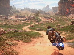 Un'immagine che mostra Kay Vess sul suo speeder in Star Wars Outlaws.
