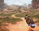 Un'immagine che mostra Kay Vess sul suo speeder in Star Wars Outlaws.