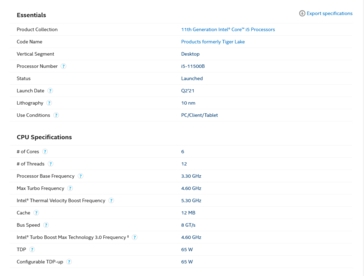 Scheda tecnica di Intel Core i5-11500B (immagine via Intel)