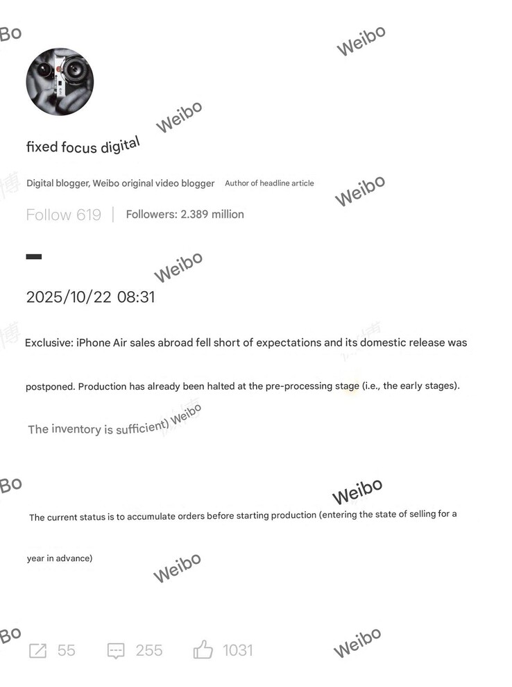 La domanda di iPhone Air è stata inferiore alle aspettative al di fuori della Cina. (Fonte: Weibo)