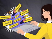 Donna seduta davanti a un computer portatile con numerosi banner che compaiono sullo schermo