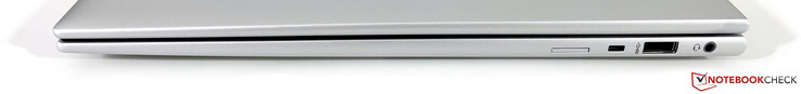 A destra: Slot Nano-SIM (opzionale per i modelli WWAN), slot di sicurezza Kensington Nano, USB-A 3.2 Gen.1 (5 GBit/s, alimentato), stereo da 3,5 mm