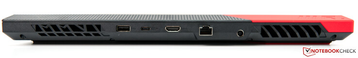 Lato posteriore: Prese d'aria, 1x USB-A 3.0, USB-C 3.1 con DisplayPort e Power Delivery, HDMI 2.0b, Gigabit LAN, alimentazione, prese d'aria