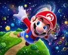 mario 3D che vola in uno sfondo a tema Super Mario Galaxy