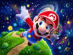 mario 3D che vola in uno sfondo a tema Super Mario Galaxy
