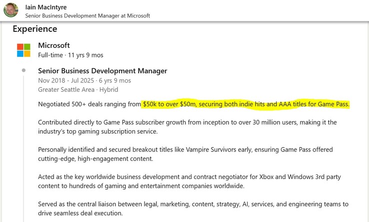 I giochi Xbox Game Pass di terze parti costano molto per essere inseriti nel servizio. (Fonte immagine: LinkedIn)
