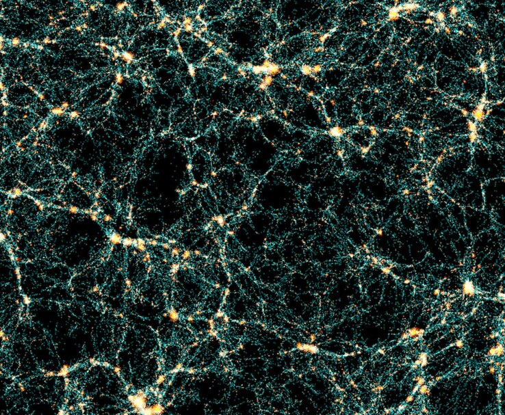 Una simulazione al computer della rete cosmica, che mostra una struttura su larga scala dell'universo con ammassi di galassie luminose collegate da sottili filamenti di materia oscura e gas su uno sfondo scuro. (Fonte: Comunicato stampa del Consorzio Euclid)