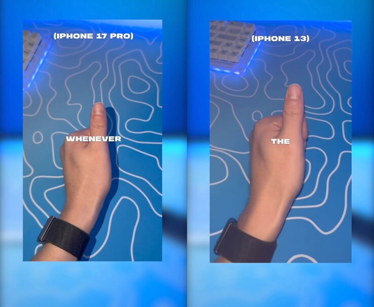 confronto iPhone 17 Pro vs iPhone 13 flash che mostra l'ombra sul pollice nello scatto del 17 Pro. (Fonte immagine: marcustechnology via Instagram)