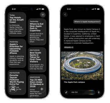 A quanto pare, Apple ha in programma il debutto di una nuovissima app Siri che include un elenco di conversazioni (a sinistra) e un chatbot simile a ChatGPT.