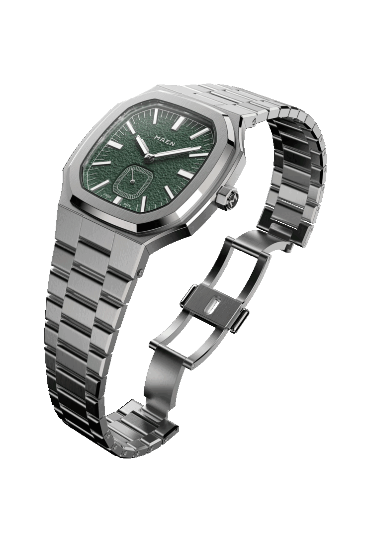 Il Maen Manhattan 37 Ultra-Thin ha un bracciale integrato in acciaio inossidabile con una chiusura a farfalla in 316L e uno sgancio a pulsante (Fonte: Maen)