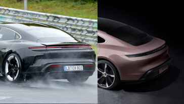 Porsche sembra aver aggiunto delle prese d'aria supplementari dietro le ruote posteriori per la nuova Porsche Taycan (a sinistra). (Fonte immagine: Auto Express / Porsche - modificato)