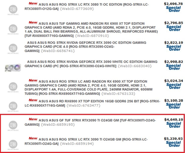 Prezzi dei modelli di schede Asus RTX 3090 Ti. (Fonte immagine: via @momomo_us)