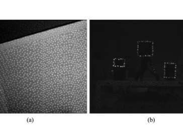 a) Il proiettore IR della telecamera di profondità genera un modello di punti infrarossi che consente di rilevare l'ambiente circostante anche in assenza di luce visibile. b) I catarifrangenti sulle celle fotovoltaiche fanno rimbalzare i punti IR, marcando la posizione del bersaglio. (Fonte: Istituto di Scienza di Tokyo)