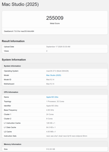 Punteggio GPU dell’Apple M3 Ultra su Geekbench