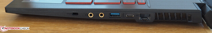 A destra: Kensington lock, cuffie, microfono, USB-A 3.0, USB-C 3.0, RJ45 LAN