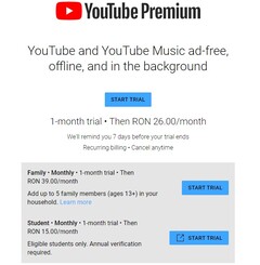 Google YouTube Premium Family è ancora fermo a circa 8 dollari in Romania (Fonte: Own)