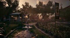 Un ambiente esterno dettagliato di Mukti, che mostra l'illuminazione d'atmosfera e il design ambientale nell'ambiente museale (fonte: sito ufficiale di Mukti)