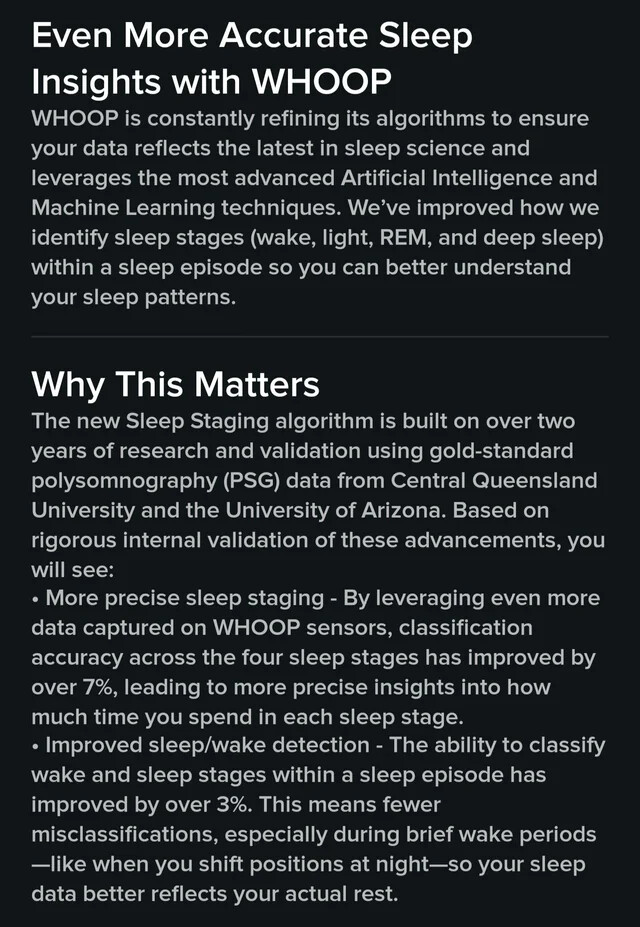 Whoop fornisce ulteriori informazioni sull'aggiornamento dell'algoritmo Sleep Staging nella sua app. (Fonte immagine: U/magony via Reddit)