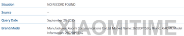 L'elenco del database GSMA che mostra i numeri di modello di Xiaomi 17T (Fonte: XiaomiTime)