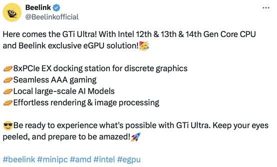 Il prossimo GTi Ultra di Beelink sarà dotato di processori Intel di 12°, 13° e 14° generazione. (Fonte: Beelink su Twitter)