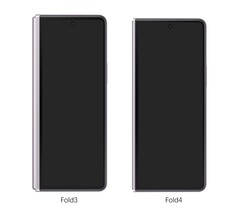 Il Galaxy Z Fold3 accanto a una rappresentazione del Galaxy Z Fold4 (fonte: @UniverseIce)