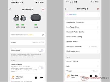 L'applicazione EarFun Audio mostra la homepage di Clip 2 e le impostazioni.