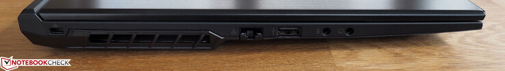 A sinistra: Kensington Lock, Air intake, RJ45-LAN, USB 2.0 Type-A, Presa per microfono, presa per cuffie