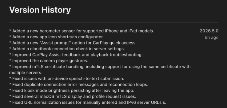 Le note di rilascio per l'app Home Assistant iOS versione 2026.5