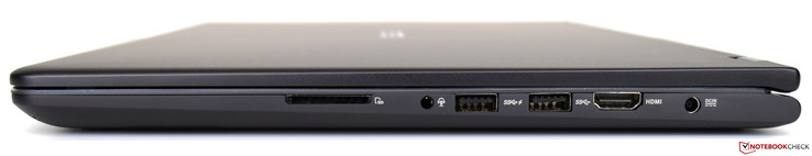 Destra: SD card reader, 3.5 mm audio combo, 2x USB 3, HDMI 1.4, input alimentazione