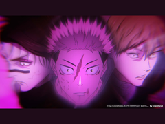 Sequenza di apertura di Jujutsu Kaisen Stagione 3 con Yuji Itadori affiancato da personaggi chiave, mostrati in una visualizzazione stilizzata a tinte viola. (Fonte: Mappa, Crunchyroll)