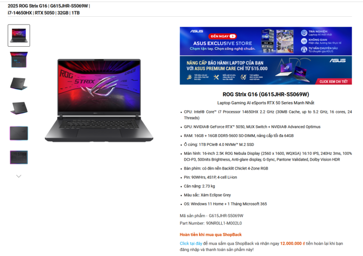 Specifiche della variante Asus ROG Strix G16 RTX 5050 (fonte: Asus)