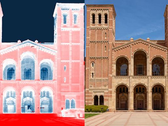 Un'immagine termica a infrarossi della Royce Hall dell'UCLA. La transizione di colore dal bianco al rosso pallido mostra il calore assorbito dal suolo (rosso). Il calore in eccesso si irradia verso il cielo freddo, rappresentato in blu. (Fonte immagine: Raman Lab/UCLA)