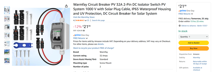 Una scatola di fusibili per il fotovoltaico è necessaria ma non è inclusa e deve essere acquistata separatamente. (fonte immagine: Screenshot Amazon)