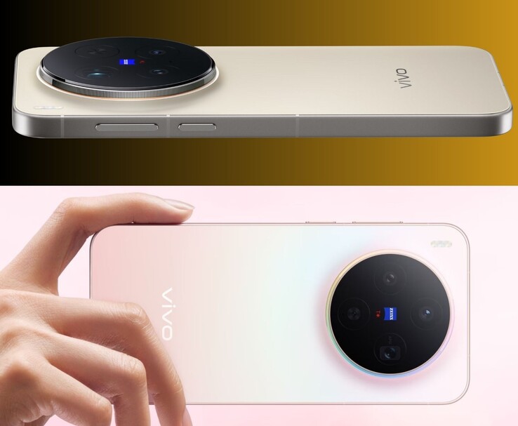Vivo X300 Pro (in alto) e X300 (in basso) mostrano le finiture oro e rosa con moduli fotocamera Zeiss circolari (Fonte: Vivo)