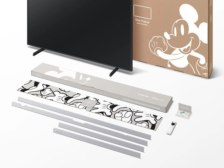 Il televisore Samsung The Frame Disney100 Edition ha cornici e telecomando in platino personalizzati. (Fonte: Samsung)