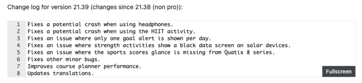 Il registro delle modifiche di Garmin Fenix 8 beta versione 21.39